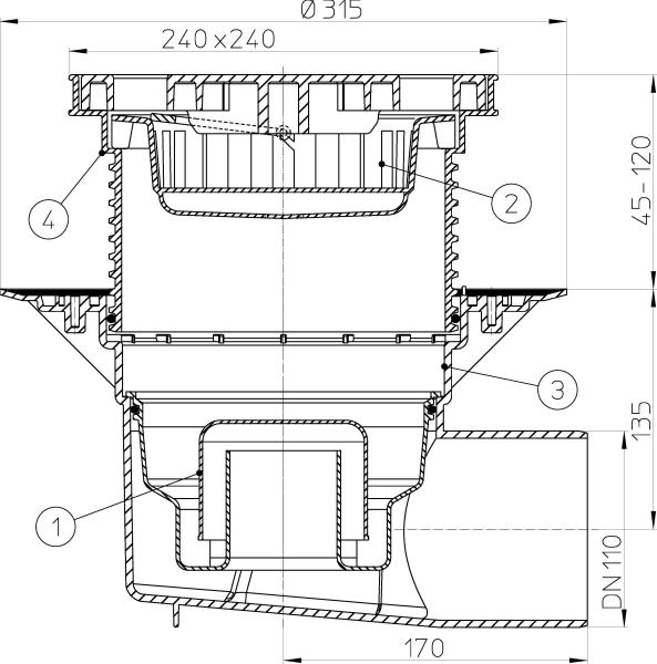 Perfektablauf DN110 waagrecht mit Dichtflansch und Wassergeruchsverschluss, 240x240mm / Kunststoffrost 226x226mm HL615LW